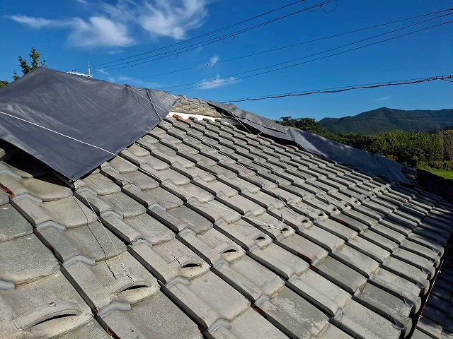 福知山市で瓦屋根を調査、棟瓦破損と全体的な劣化でシート養生が必要な状態を確認