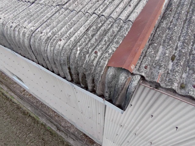 大波スレート　劣化　苔　錆　棟板金　雨漏り　倉庫　