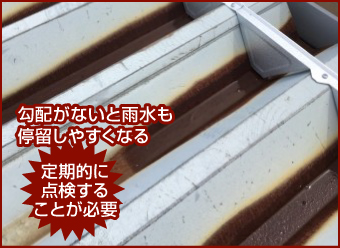 勾配がないと雨水も停留しやすくなるので定期的に点検することが必要